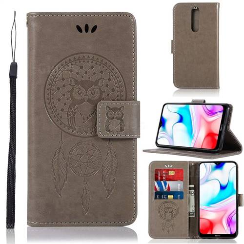 Intricate Embossing Owl Campanula Leather Wallet Case for Mi Xiaomi Redmi 8 - Grey