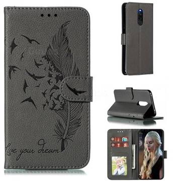 Intricate Embossing Lychee Feather Bird Leather Wallet Case for Mi Xiaomi Redmi 8 - Gray