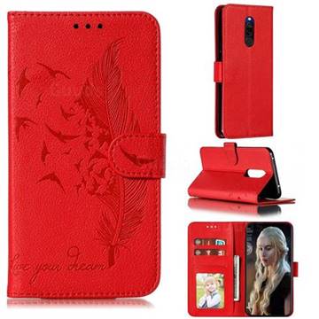 Intricate Embossing Lychee Feather Bird Leather Wallet Case for Mi Xiaomi Redmi 8 - Red