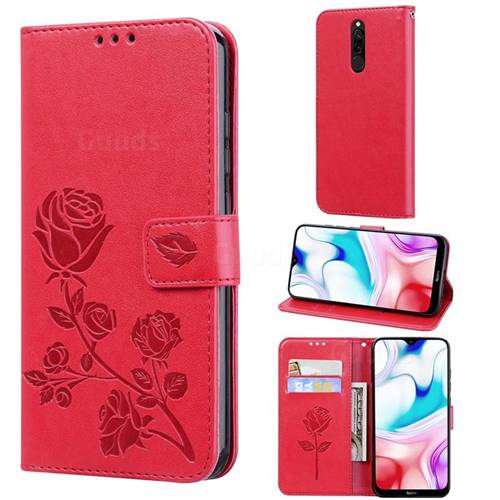 Embossing Rose Flower Leather Wallet Case for Mi Xiaomi Redmi 8 - Red