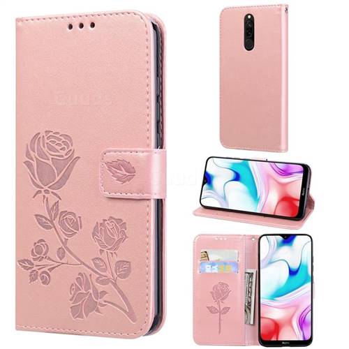 Embossing Rose Flower Leather Wallet Case for Mi Xiaomi Redmi 8 - Rose Gold