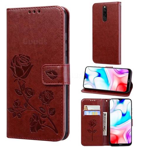 Embossing Rose Flower Leather Wallet Case for Mi Xiaomi Redmi 8 - Brown