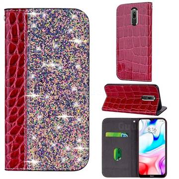 Shiny Crocodile Pattern Stitching Magnetic Closure Flip Holster Shockproof Phone Case for Mi Xiaomi Redmi 8 - Wine Red