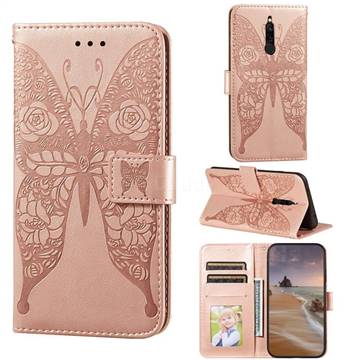 Intricate Embossing Rose Flower Butterfly Leather Wallet Case for Mi Xiaomi Redmi 8 - Rose Gold
