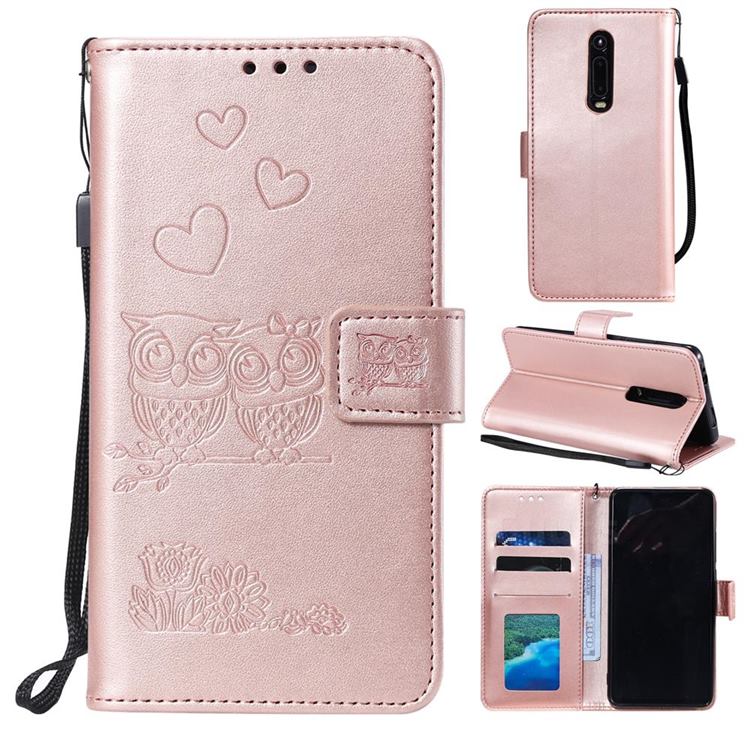 Embossing Owl Couple Flower Leather Wallet Case for Mi Xiaomi Redmi 8 - Rose Gold