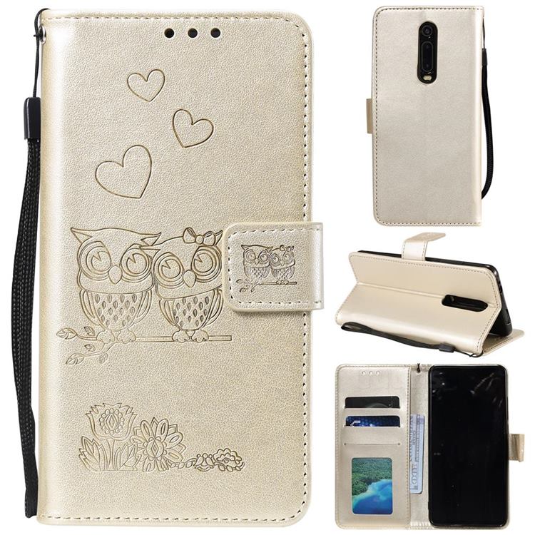 Embossing Owl Couple Flower Leather Wallet Case for Mi Xiaomi Redmi 8 - Golden