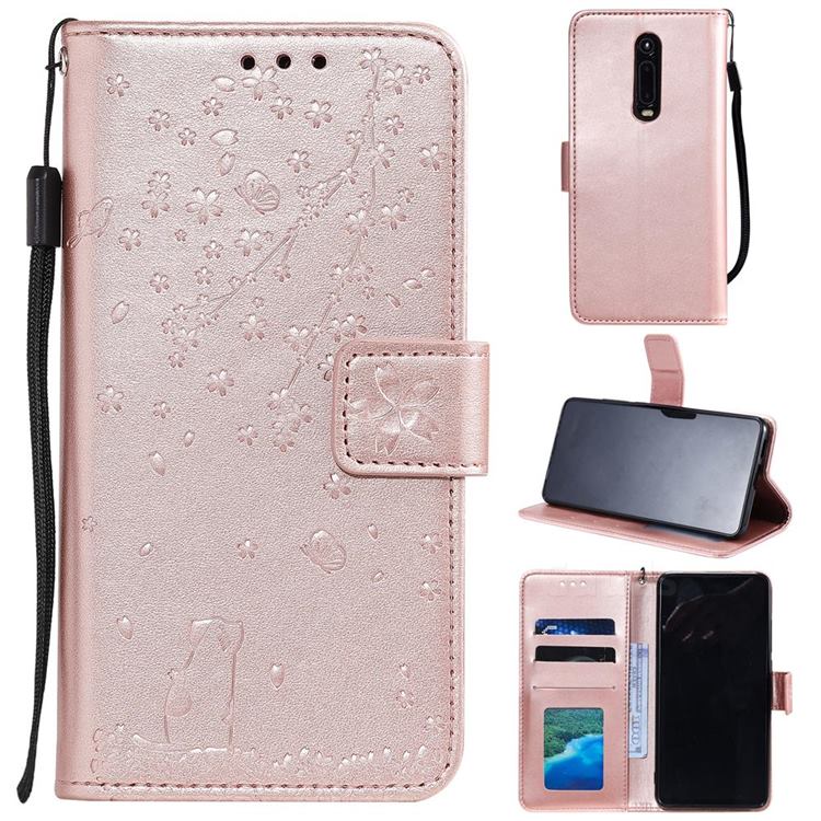 Embossing Cherry Blossom Cat Leather Wallet Case for Mi Xiaomi Redmi 8 - Rose Gold