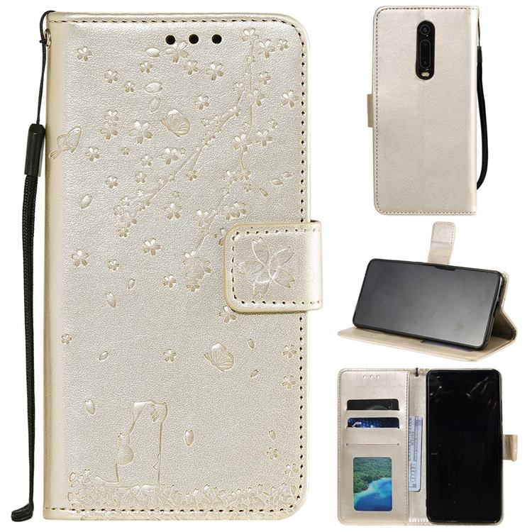 Embossing Cherry Blossom Cat Leather Wallet Case for Mi Xiaomi Redmi 8 - Golden