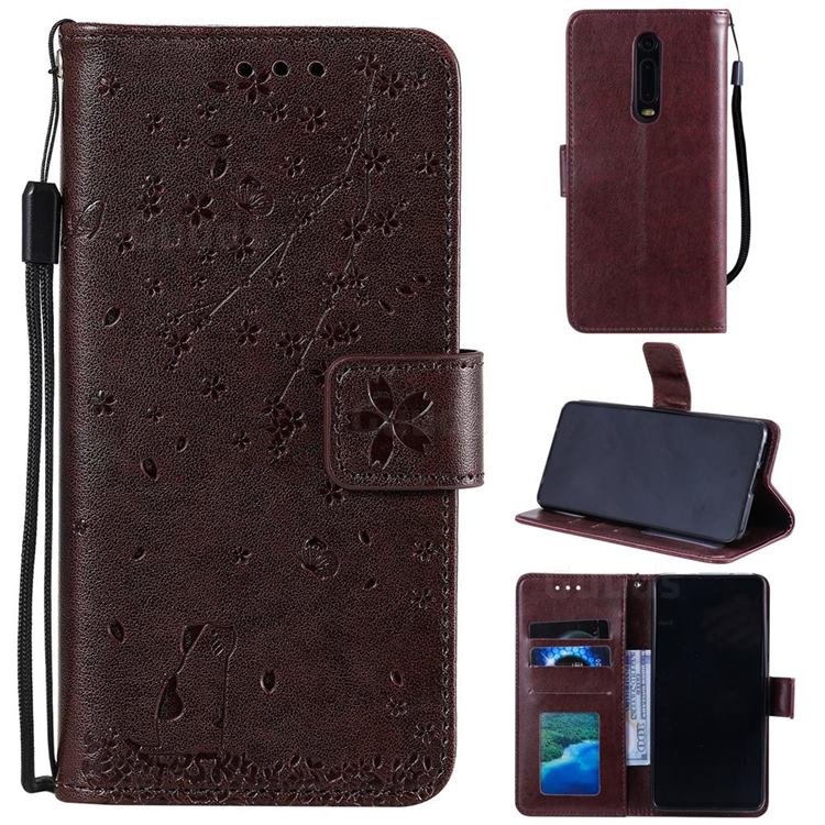 Embossing Cherry Blossom Cat Leather Wallet Case for Mi Xiaomi Redmi 8 - Brown