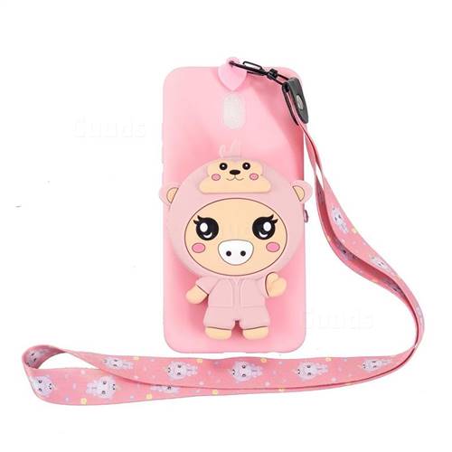 Pink Pig Neck Lanyard Zipper Wallet Silicone Case for Mi Xiaomi Redmi 8A