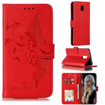 Intricate Embossing Lychee Feather Bird Leather Wallet Case for Mi Xiaomi Redmi 8A - Red
