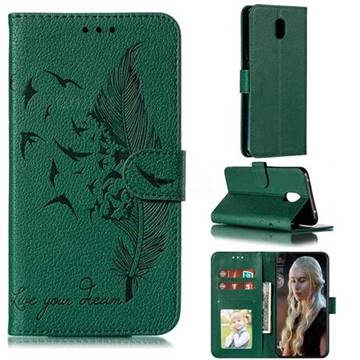 Intricate Embossing Lychee Feather Bird Leather Wallet Case for Mi Xiaomi Redmi 8A - Green