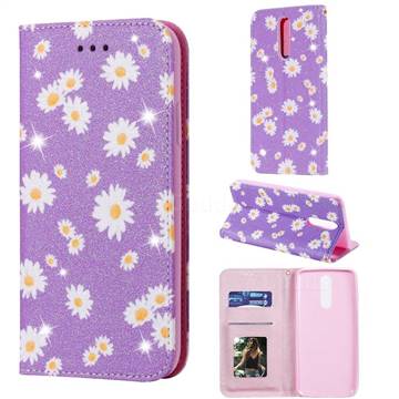 Ultra Slim Daisy Sparkle Glitter Powder Magnetic Leather Wallet Case for Mi Xiaomi Redmi 8A - Purple