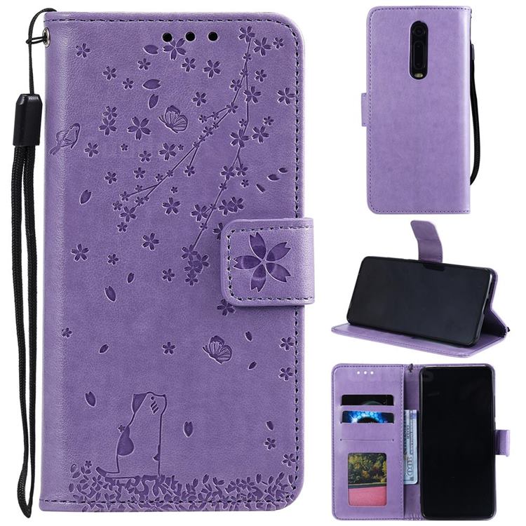 Embossing Cherry Blossom Cat Leather Wallet Case for Mi Xiaomi Redmi 8A - Purple