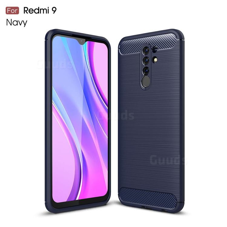 Luxury Carbon Fiber Brushed Wire Drawing Silicone TPU Back Cover for Xiaomi Redmi 9 - Navy