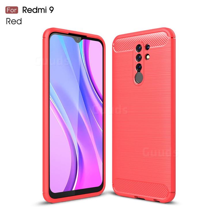 Luxury Carbon Fiber Brushed Wire Drawing Silicone TPU Back Cover for Xiaomi Redmi 9 - Red