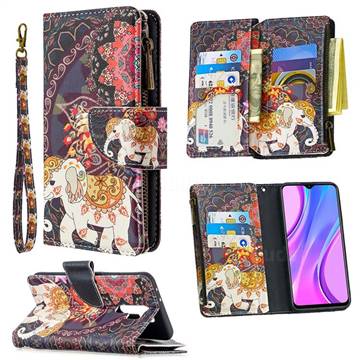 Totem Flower Elephant Binfen Color BF03 Retro Zipper Leather Wallet Phone Case for Xiaomi Redmi 9