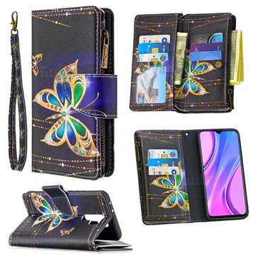 Golden Shining Butterfly Binfen Color BF03 Retro Zipper Leather Wallet Phone Case for Xiaomi Redmi 9
