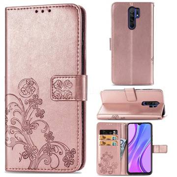 Embossing Imprint Four-Leaf Clover Leather Wallet Case for Xiaomi Redmi 9 - Rose Gold