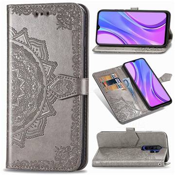 Embossing Imprint Mandala Flower Leather Wallet Case for Xiaomi Redmi 9 - Gray