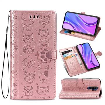 Embossing Dog Paw Kitten and Puppy Leather Wallet Case for Xiaomi Redmi 9 - Rose Gold