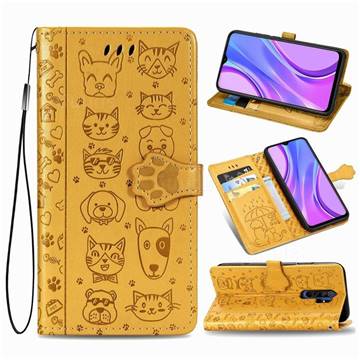 Embossing Dog Paw Kitten and Puppy Leather Wallet Case for Xiaomi Redmi 9 - Yellow