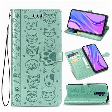 Embossing Dog Paw Kitten and Puppy Leather Wallet Case for Xiaomi Redmi 9 - Green