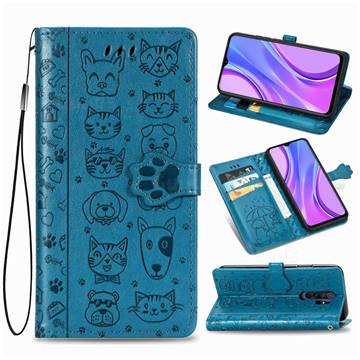 Embossing Dog Paw Kitten and Puppy Leather Wallet Case for Xiaomi Redmi 9 - Blue
