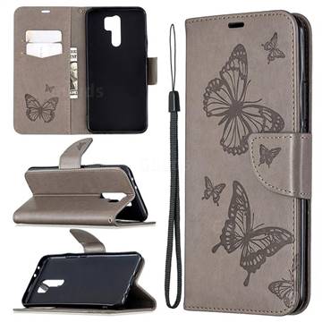Embossing Double Butterfly Leather Wallet Case for Xiaomi Redmi 9 - Gray