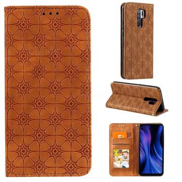 Intricate Embossing Four Leaf Clover Leather Wallet Case for Xiaomi Redmi 9 - Yellowish Brown