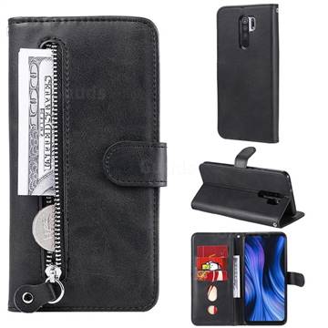 Retro Luxury Zipper Leather Phone Wallet Case for Xiaomi Redmi 9 - Black