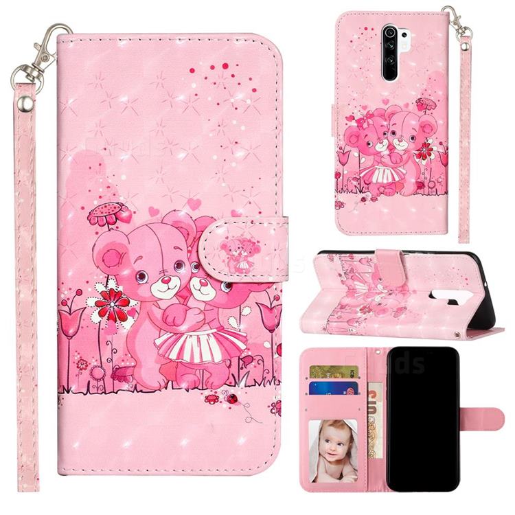 Pink Bear 3D Leather Phone Holster Wallet Case for Xiaomi Redmi 9