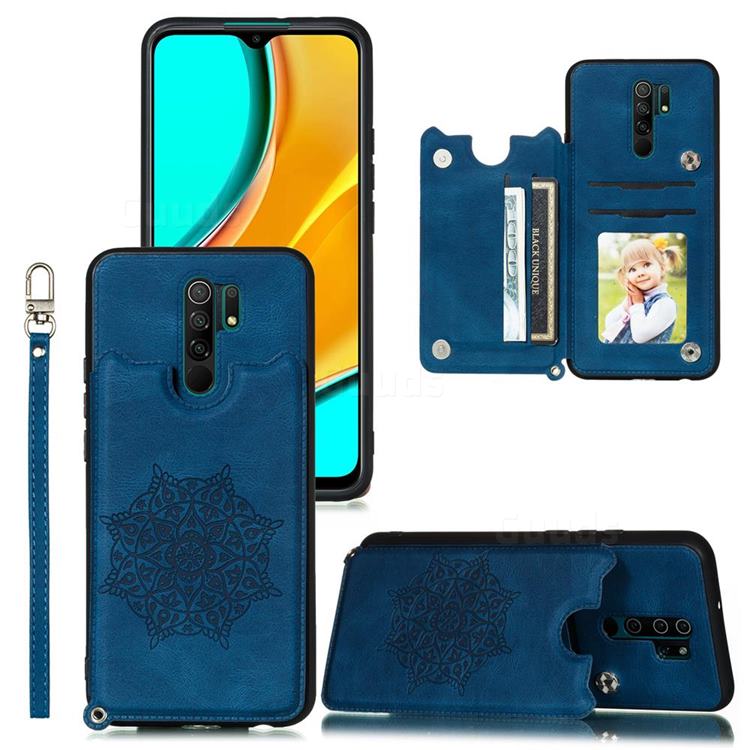 Luxury Mandala Multi-function Magnetic Card Slots Stand Leather Back Cover for Xiaomi Redmi 9 - Blue