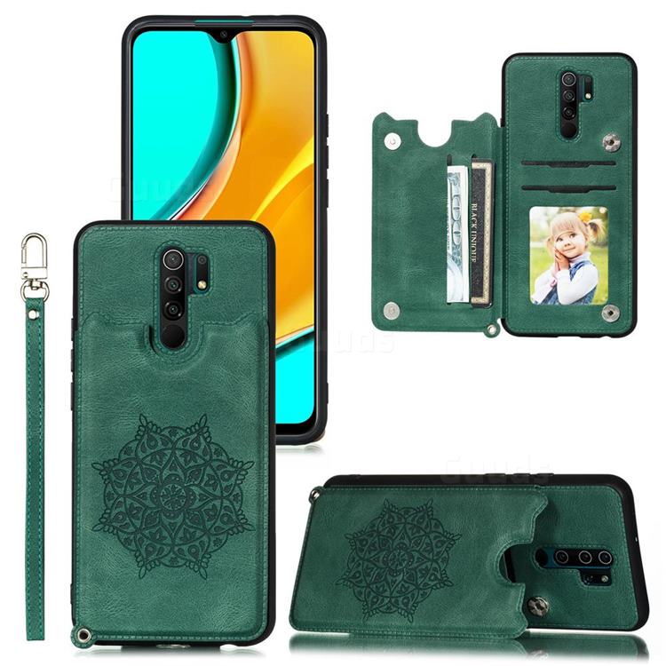 Luxury Mandala Multi-function Magnetic Card Slots Stand Leather Back Cover for Xiaomi Redmi 9 - Green