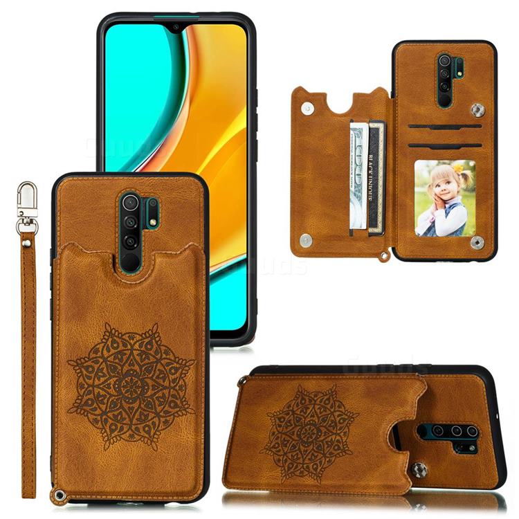 Luxury Mandala Multi-function Magnetic Card Slots Stand Leather Back Cover for Xiaomi Redmi 9 - Brown