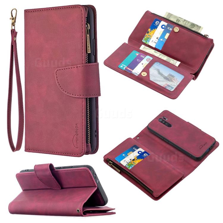 Binfen Color BF02 Sensory Buckle Zipper Multifunction Leather Phone Wallet for Xiaomi Redmi 9 - Red Wine