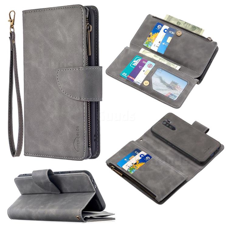 Binfen Color BF02 Sensory Buckle Zipper Multifunction Leather Phone Wallet for Xiaomi Redmi 9 - Gray