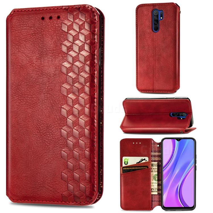 Ultra Slim Fashion Business Card Magnetic Automatic Suction Leather Flip Cover for Xiaomi Redmi 9 - Red