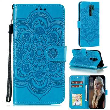 Intricate Embossing Datura Solar Leather Wallet Case for Xiaomi Redmi 9 - Blue