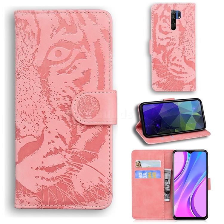 Intricate Embossing Tiger Face Leather Wallet Case for Xiaomi Redmi 9 - Pink