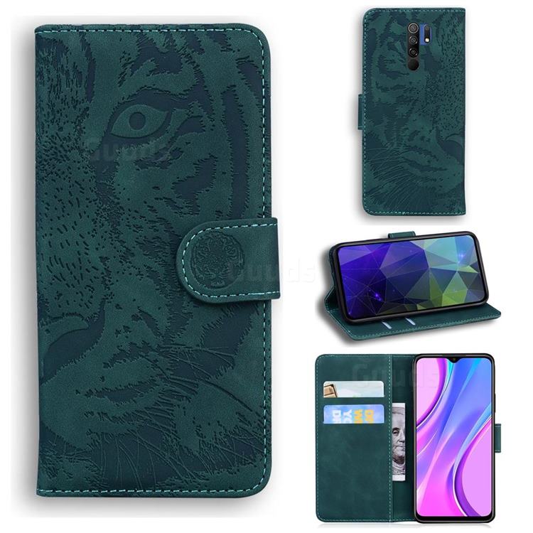 Intricate Embossing Tiger Face Leather Wallet Case for Xiaomi Redmi 9 - Green