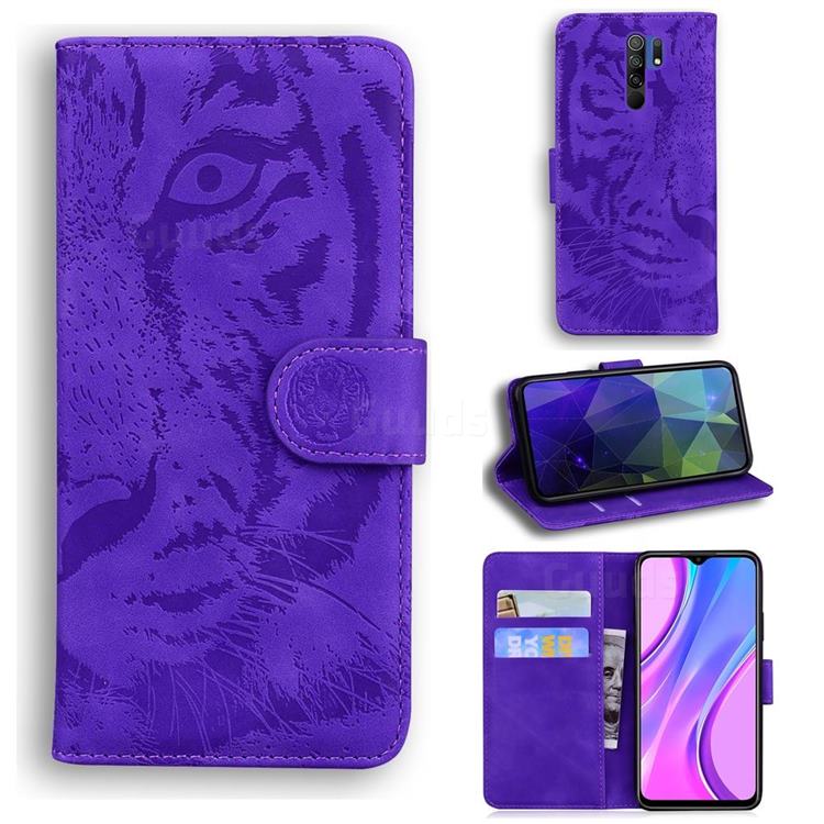 Intricate Embossing Tiger Face Leather Wallet Case for Xiaomi Redmi 9 - Purple