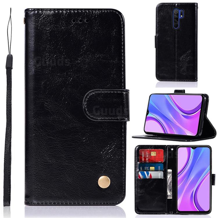 Luxury Retro Leather Wallet Case for Xiaomi Redmi 9 - Black