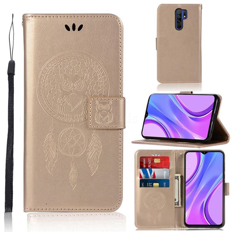 Intricate Embossing Owl Campanula Leather Wallet Case for Xiaomi Redmi 9 - Champagne