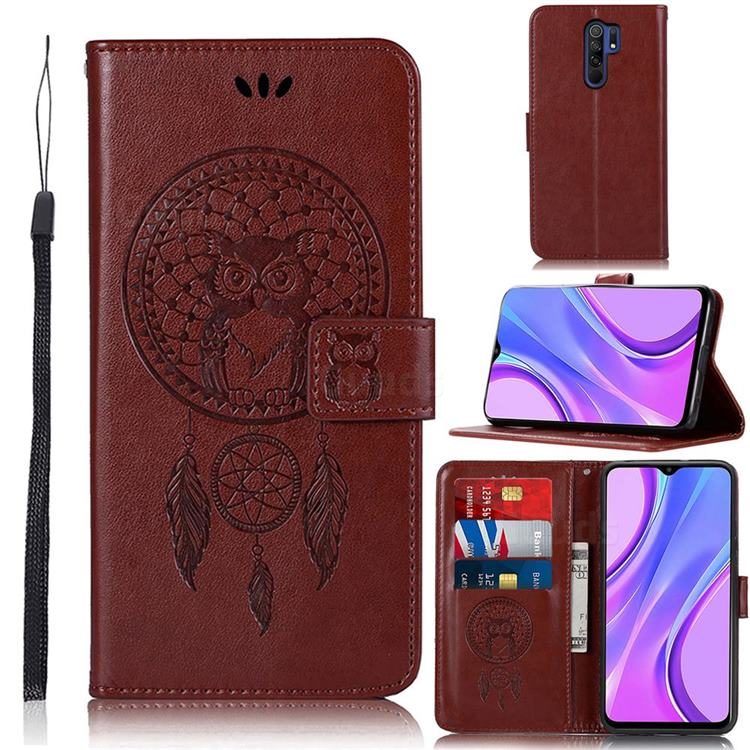 Intricate Embossing Owl Campanula Leather Wallet Case for Xiaomi Redmi 9 - Brown
