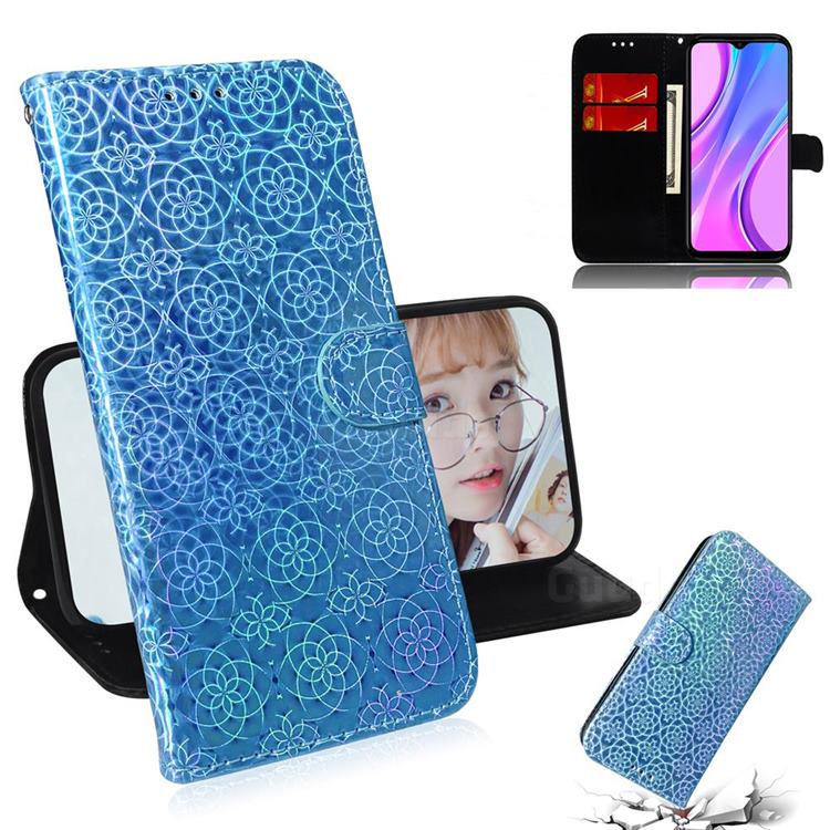 Laser Circle Shining Leather Wallet Phone Case for Xiaomi Redmi 9 - Blue