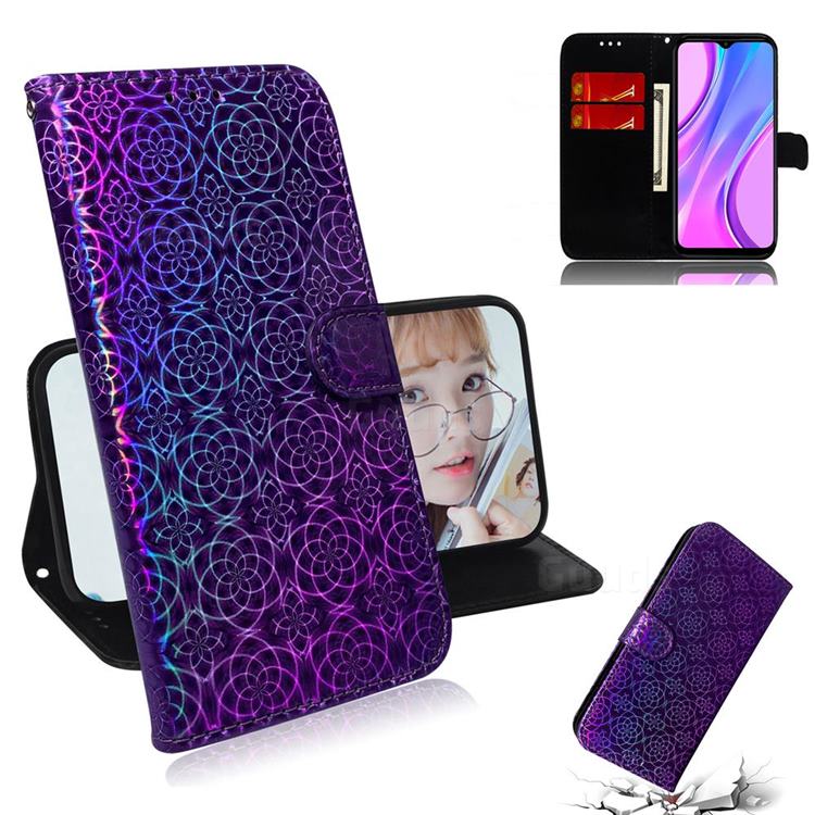 Laser Circle Shining Leather Wallet Phone Case for Xiaomi Redmi 9 - Purple