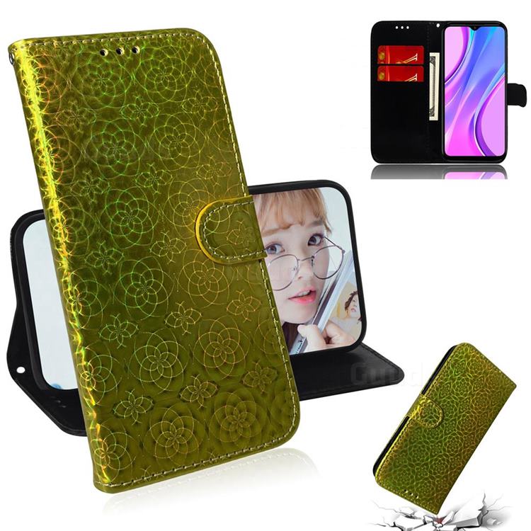 Laser Circle Shining Leather Wallet Phone Case for Xiaomi Redmi 9 - Golden