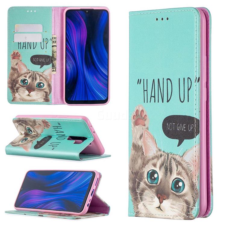 Hand Up Cat Slim Magnetic Attraction Wallet Flip Cover for Xiaomi Redmi 9
