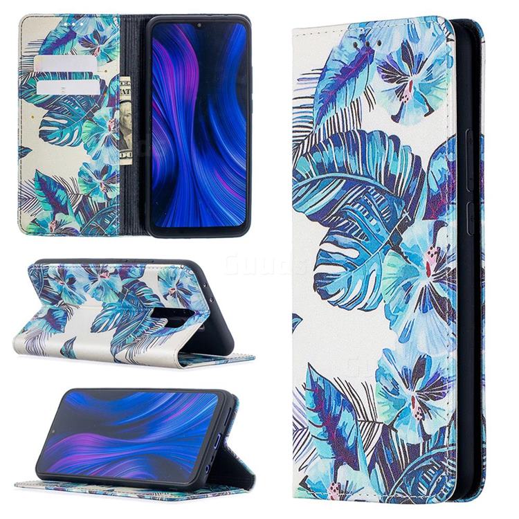 Blue Leaf Slim Magnetic Attraction Wallet Flip Cover for Xiaomi Redmi 9